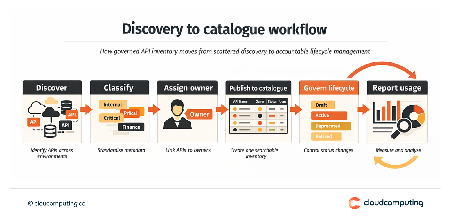 Flow showing discovery of APIs, classification, owner assignment, publication to a central catalogue, lifecycle governance, and usage reporting.