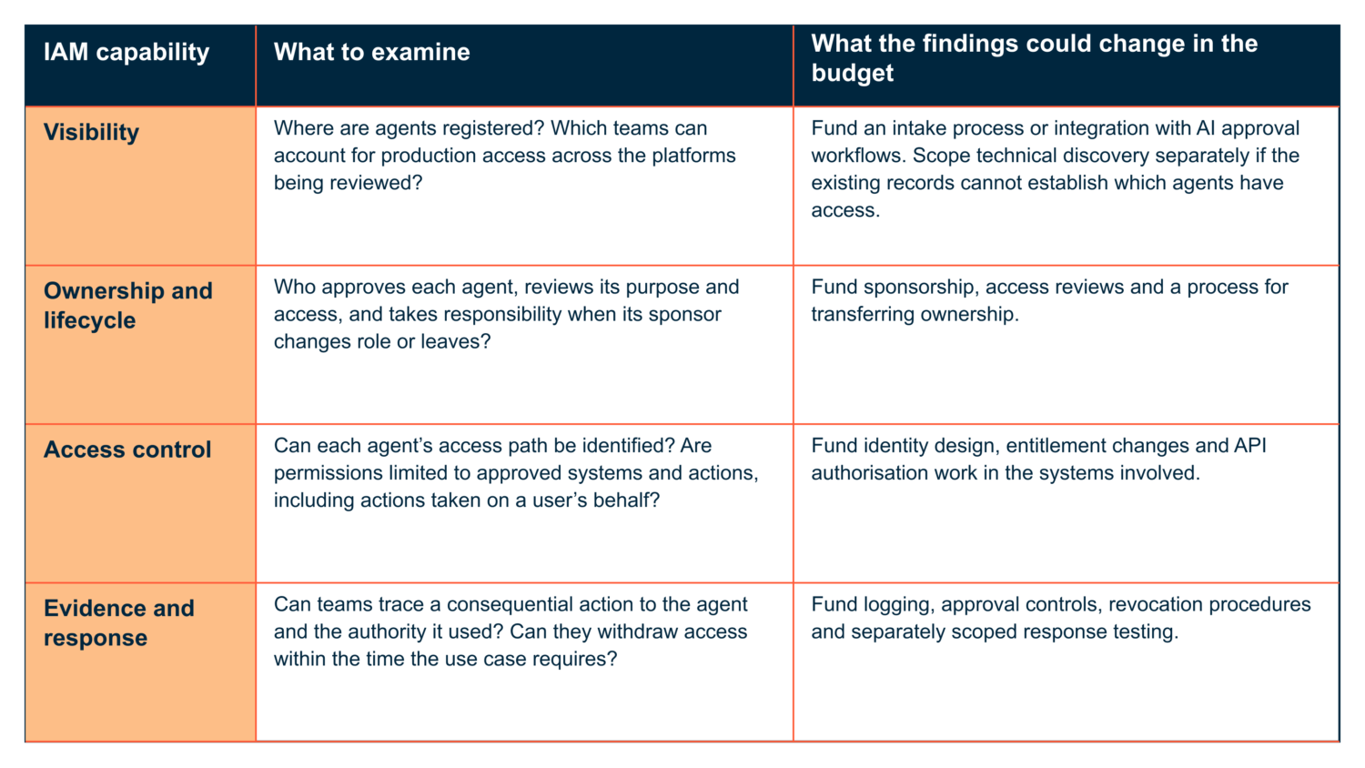 Three-column table showing four IAM capabilities, what to examine and what the findings could change in the budget. Visibility covers agent registration and production access, with possible funding for intake processes and discovery. Ownership and lifecycle covers approvals, access reviews and ownership transfer. Access control covers agent access paths and permissions, with possible funding for identity design and API authorisation. Evidence and response covers tracing agent actions and withdrawing access, with possible funding for logging, revocation and response testing.